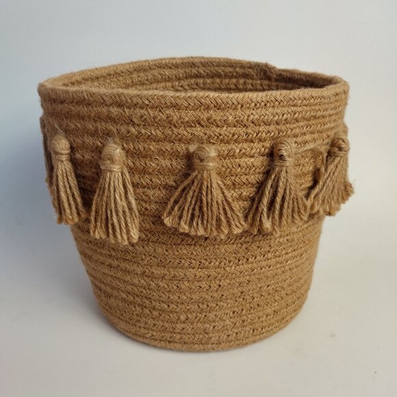 Boho Coiled Fabric Tassel Basket Home Decor Container Brown Jute - Picture 1 of 3